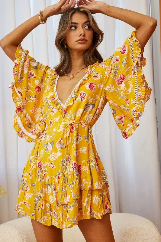 Lotus Crochet Trim Angel Sleeve Dress Floral Print Mustard