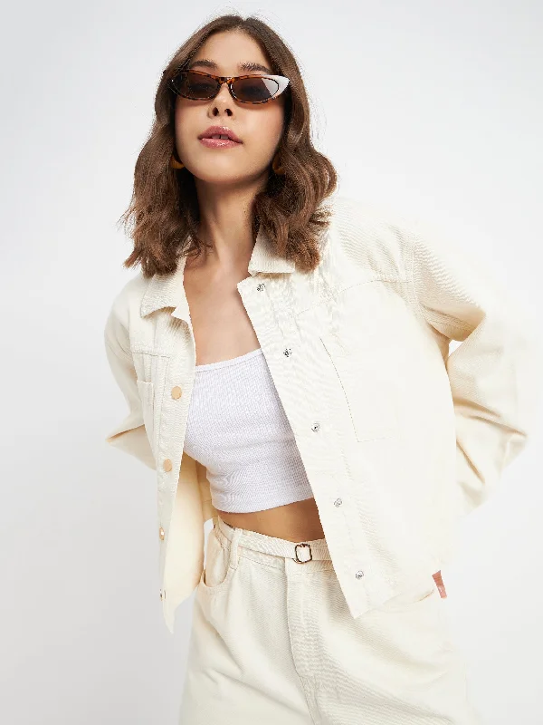 Madame Solid Off-White Denim Jacket