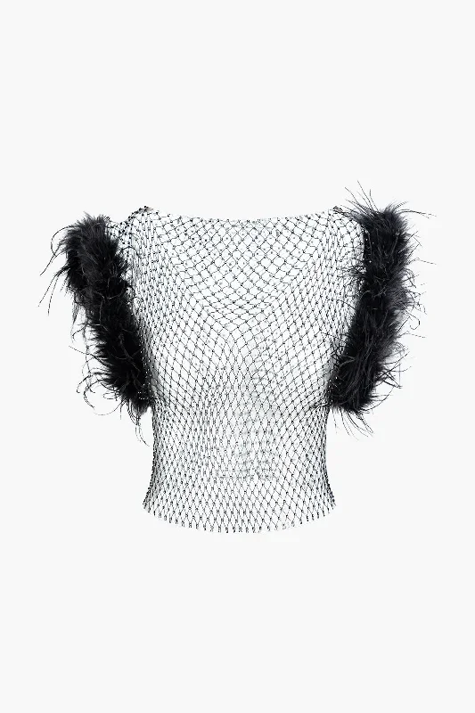 Rhinestone Mesh Fluffy Trim T-shirt