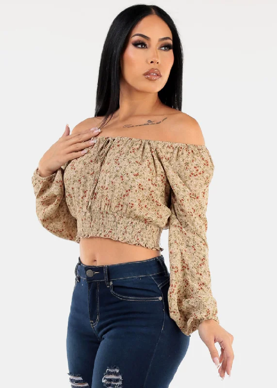 Off Shoulder Long Sleeve Smocked Waist Floral Top Beige