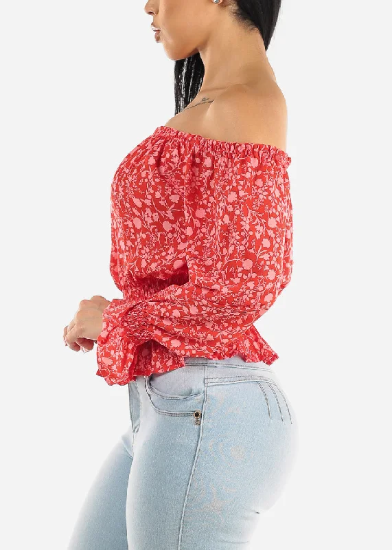 off-shoulder-smocked-waist-floral-top-red-t13602redpink