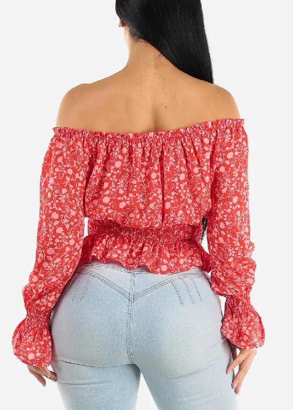 off-shoulder-smocked-waist-floral-top-red-t13602redpink