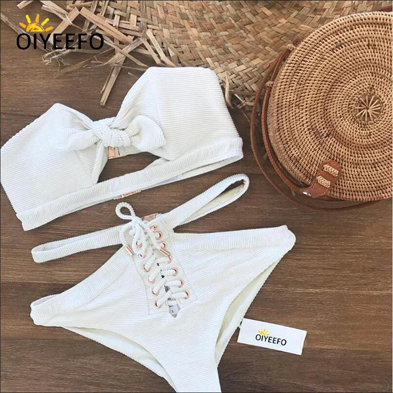 Oiyeefo White High Waist Bikni Women Sexy Bandeau Swimsuit Hollow Out Knot Bathing Suits Lace-up May Swimwear Female Plavky 2024