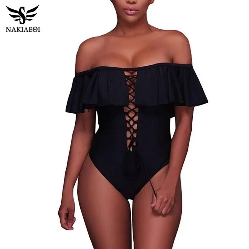 One Pieces Hollow Swimwear Ruffle Backless  Suit