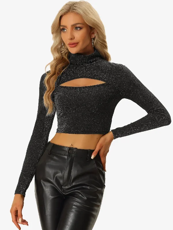 Party Tee Long Sleeve Slim Fit Mock Neck Cutout Crop Tops