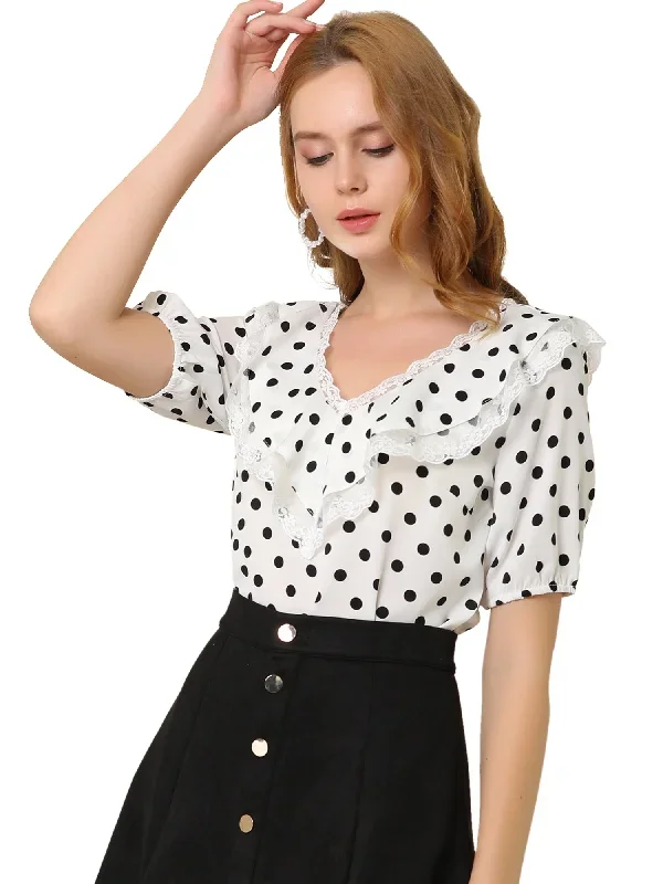 Lace Ruffle Neck Short Sleeve Chiffon Polka Dot Blouse