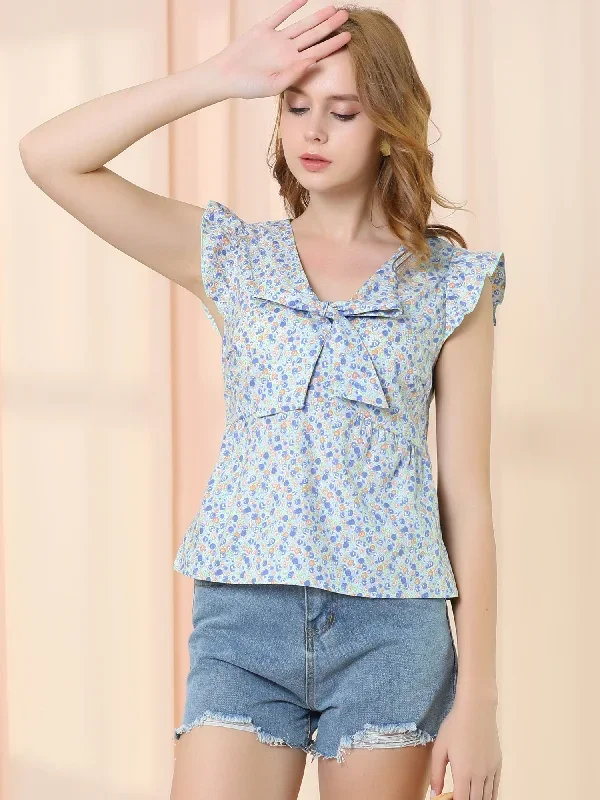 Bow Tie Neck Summer Cute Babydoll Casual Floral Ruffled Sleeve Tops