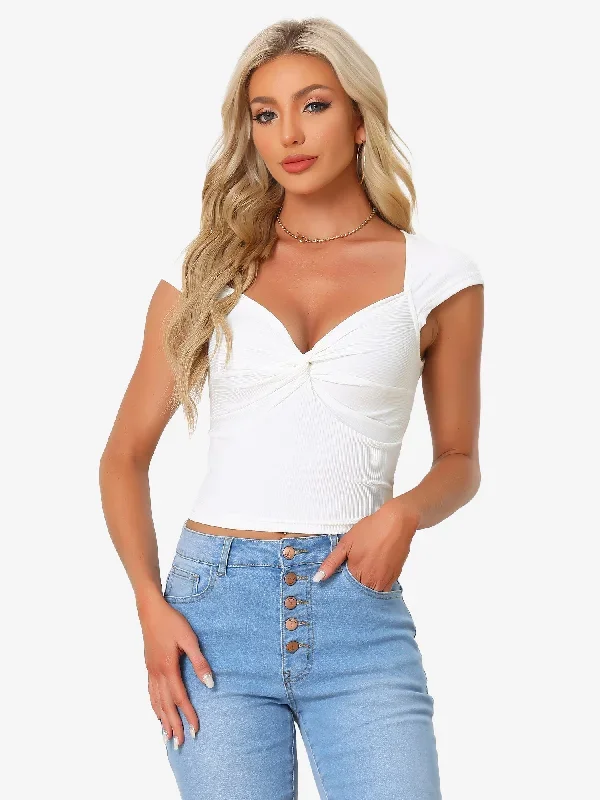 Cap Sleeve Ribbed Knit Slim Fit Twist Knot Crop Top