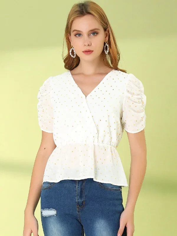 Metallic Heart Ruched Puff Sleeve Wrap Chiffon Peplum Blouse Top