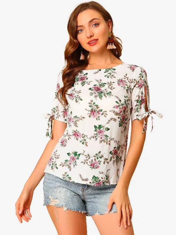 Boho Tops Short Sleeve Round Neck Floral Blouse