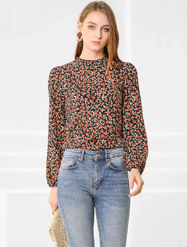 Casual Stand Collared Blouse Long Sleeve Floral Tops