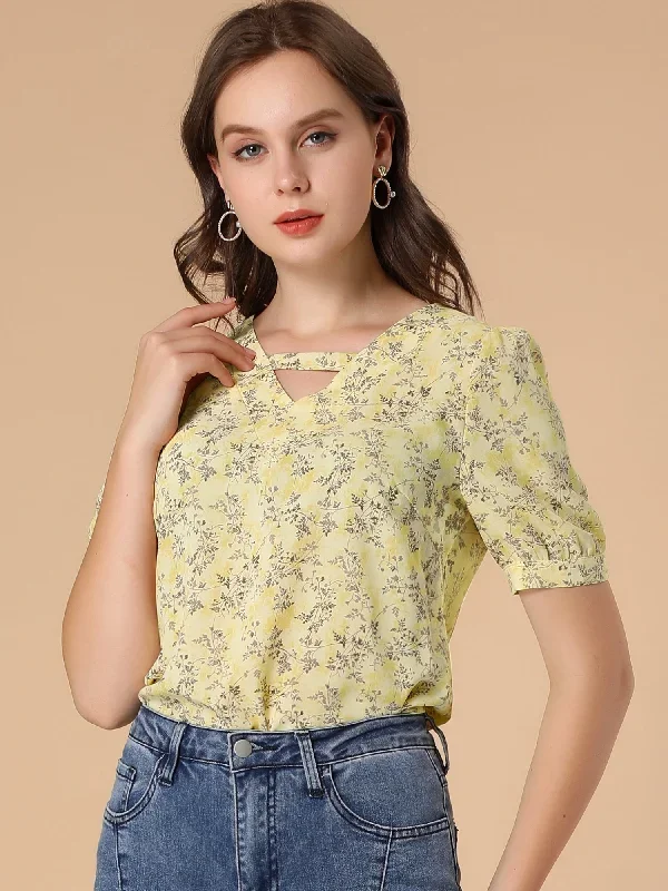 Floral Printed Choker Neck Keyhole Short Sleeve Peasant Blouse