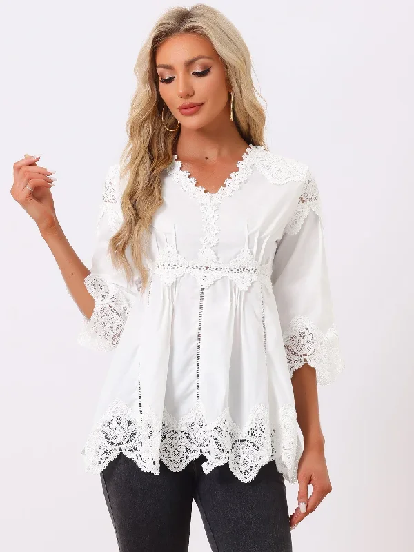 Lace Trim Chiffon 3/4 Sleeve V Neck Babydoll Blouse