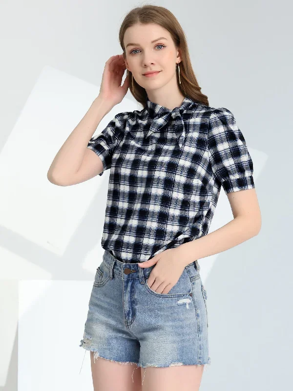 Work Top Summer Tie Neck Short Sleeve Chiffon Pullover Plaid Blouse