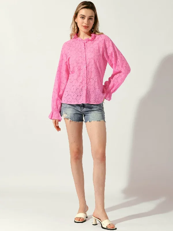 Ruffled Eyelet Long Sleeve Button-Up Blouse