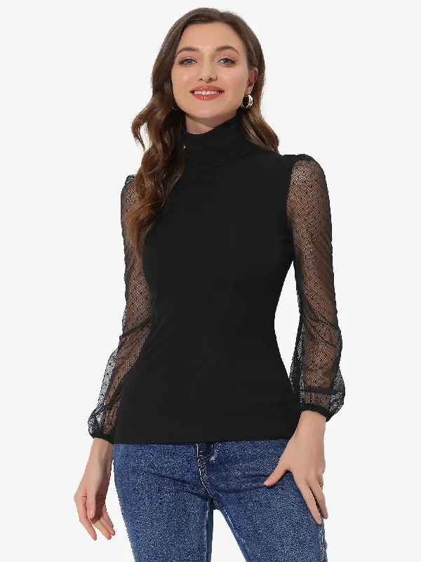 Long Sleeve Tops High Neck Slim Fit Mesh Sheer Blouse