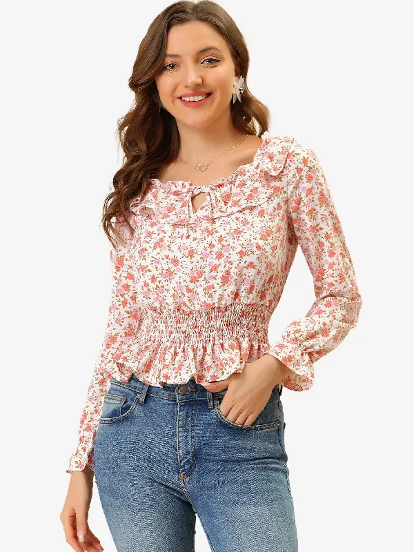 Ruffle Tie Neck Smocked Elegant Chiffon Floral Blouse