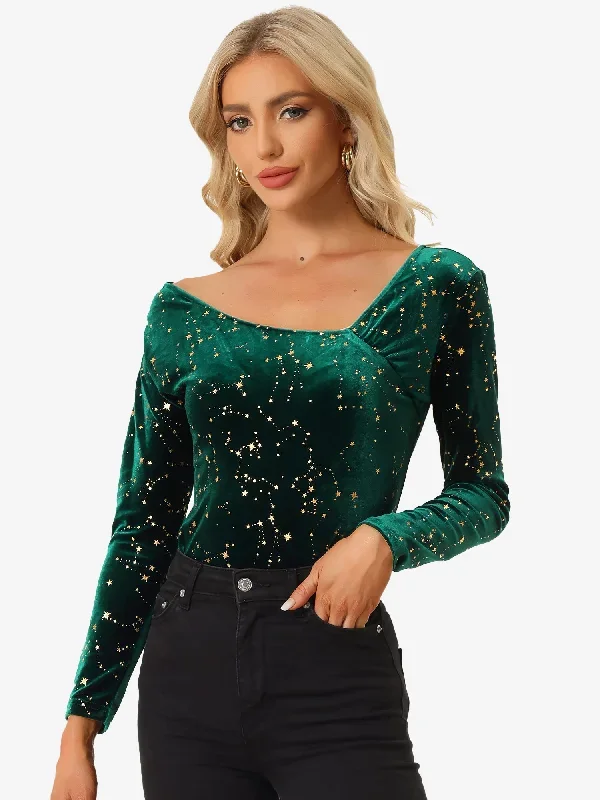 Velvet Stars Top Long Sleeve Off Shoulder Sexy Party Shirt