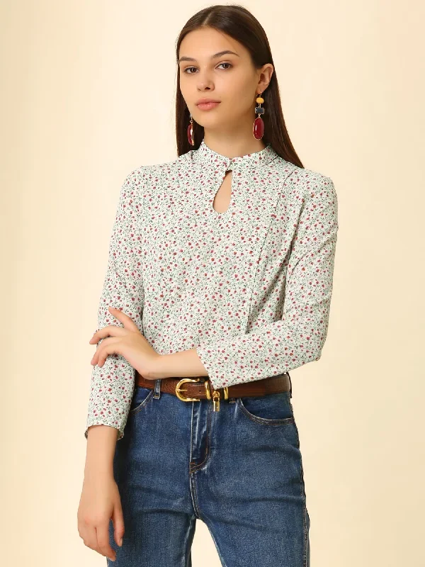 Long Sleeve Work Office Career Keyhole Ladies Floral Blouse