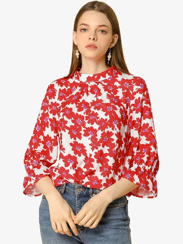 Floral Blouse Stand Collar Bow Tie Back Ruffled 3/4 Bell Sleeve Top