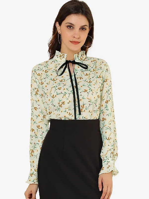 Ruffle Neck Elegant Office Long Sleeve Printed Blouse