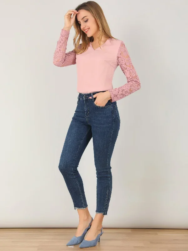 Chiffon V Neck Top Casual Relax Lace Sleeve Blouse