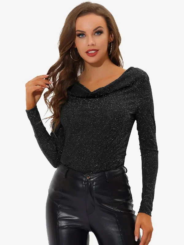 Glitter Tops Cowl Neck Clubwear Long Sleeve Blouse Shirt