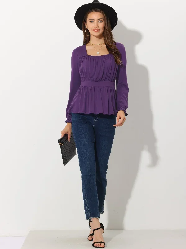 Ruched Square Neck Ruffled Peplum Long Sleeve Blouse