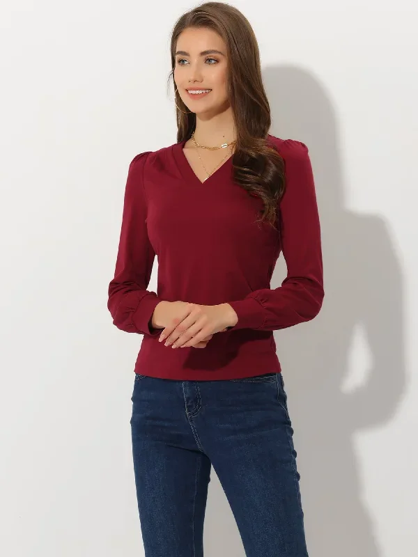 Casual Office V Neck Long Sleeve Basic Loose T-Shirt