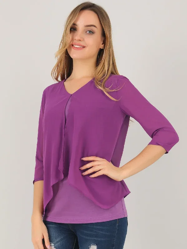 Chiffon 3/4 Sleeve V Neck Overlay Work Office Blouse