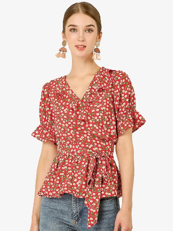 Peplum Tops Sweet Cherry Fruit Crossover V Neck Ruffle Wrap Blouse