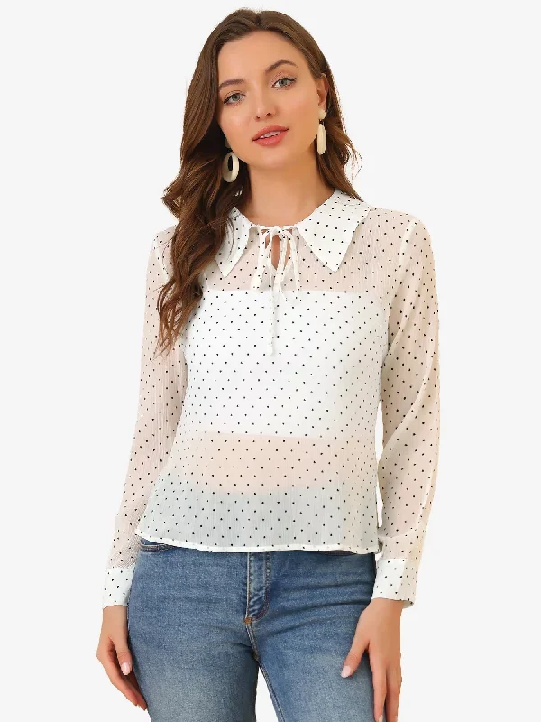 Heart Dots Turn Down Collar Sheer Long Sleeve Chiffon Blouse Top