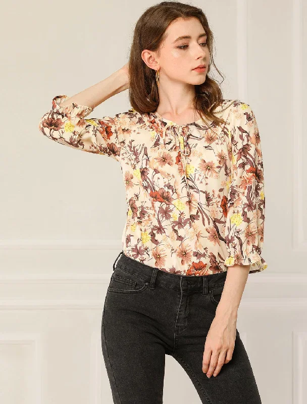 Floral Tops Bow Tie Neck Vintage 3/4 Sleeve Blouse