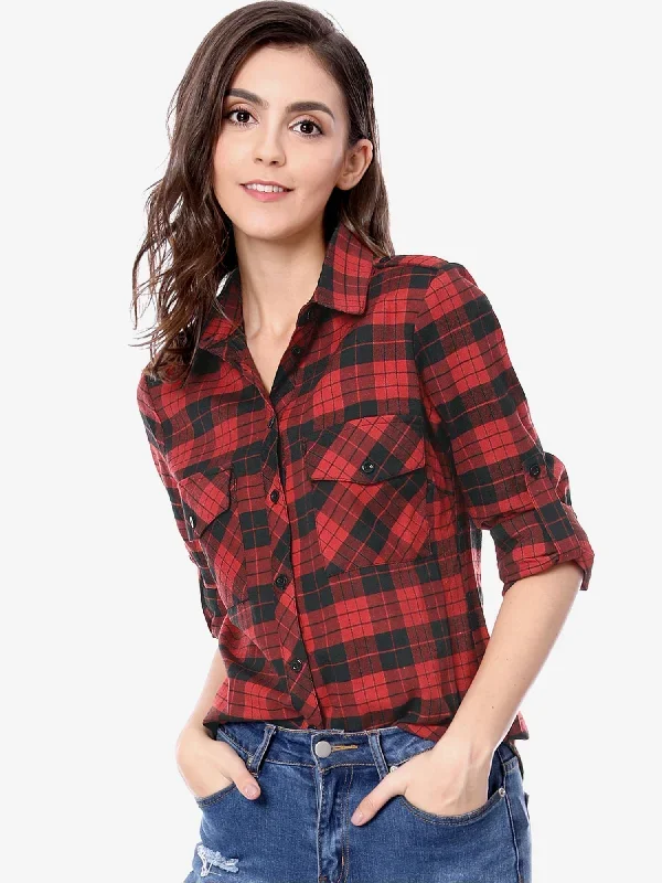 Roll Up Long Sleeve Christmas Button Down Plaid Flannel Shirt Top