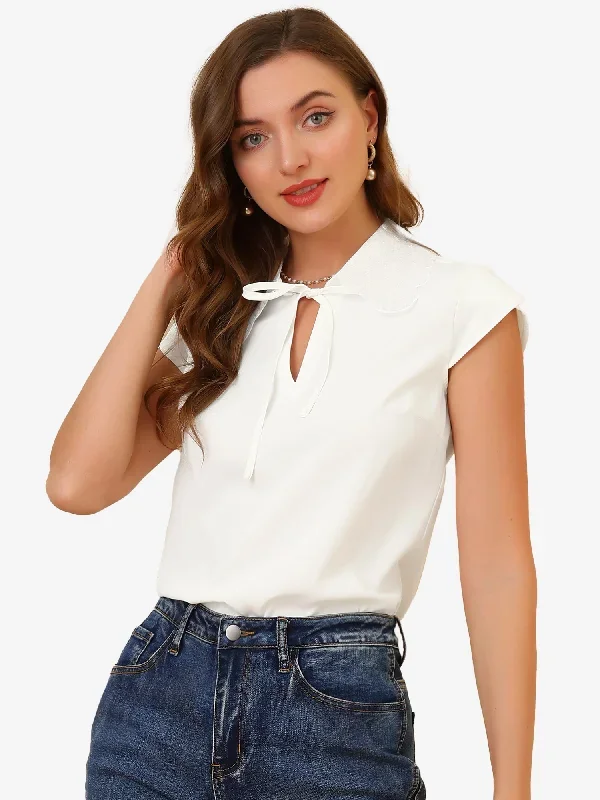 Allegra K Work Tie Collar Cap Sleeve Solid Color Casual Top