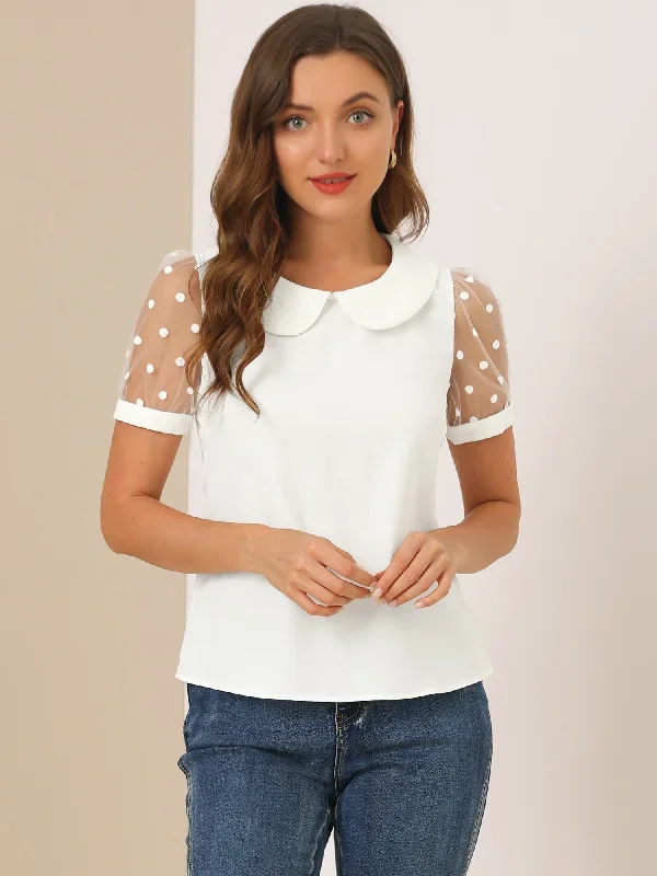 Peter Pan Collar Puff Mesh Short Sleeve Polka Dot Blouse