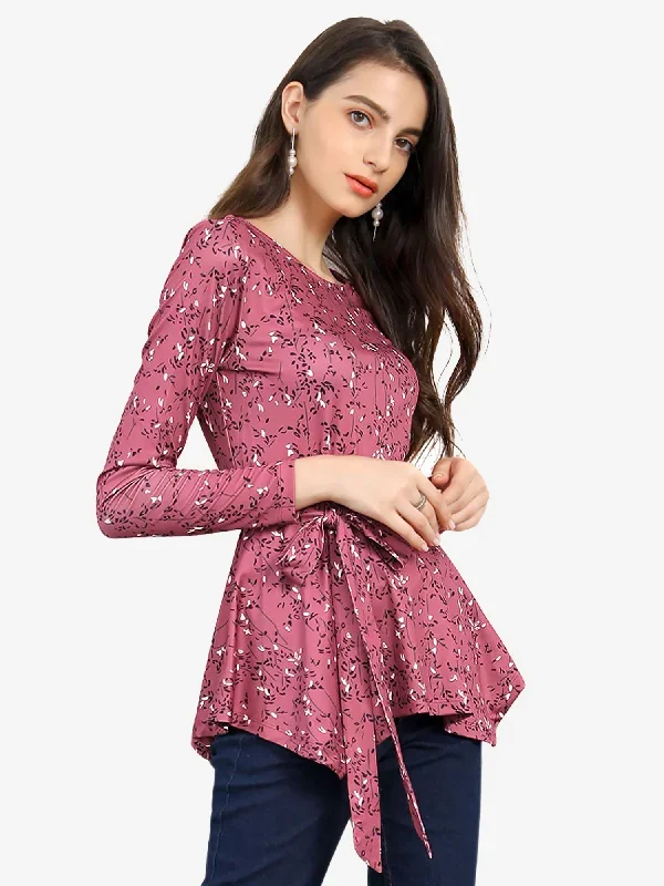 Floral Long Sleeve Asymmetrical Ruffle Hem Belted Flare Peplum Tops