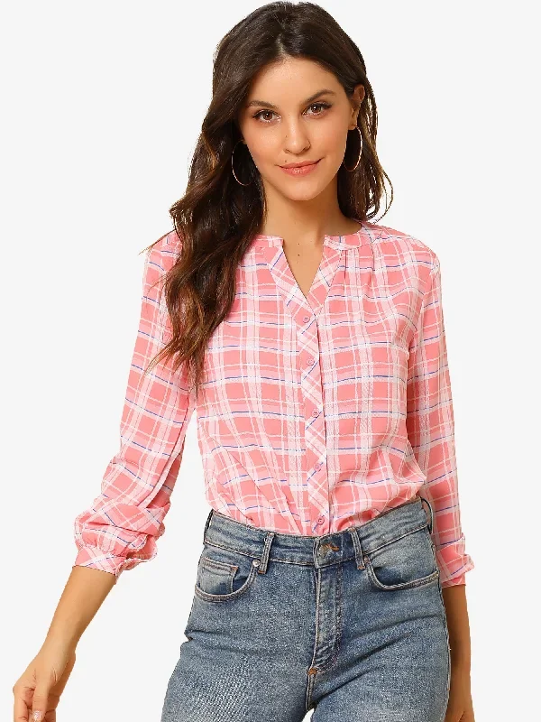 Christmas Plaid Shirt Button Up V Neck Long Sleeve Peasant Blouse