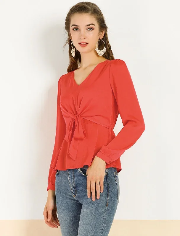 Elegant Tie Front Blouse Long Sleeve V Neck Pelum Top