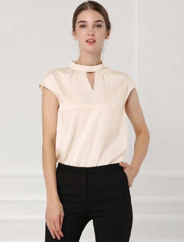 Stand Collar Cap Sleeve Keyhole Elegant Work Office Blouse Tops