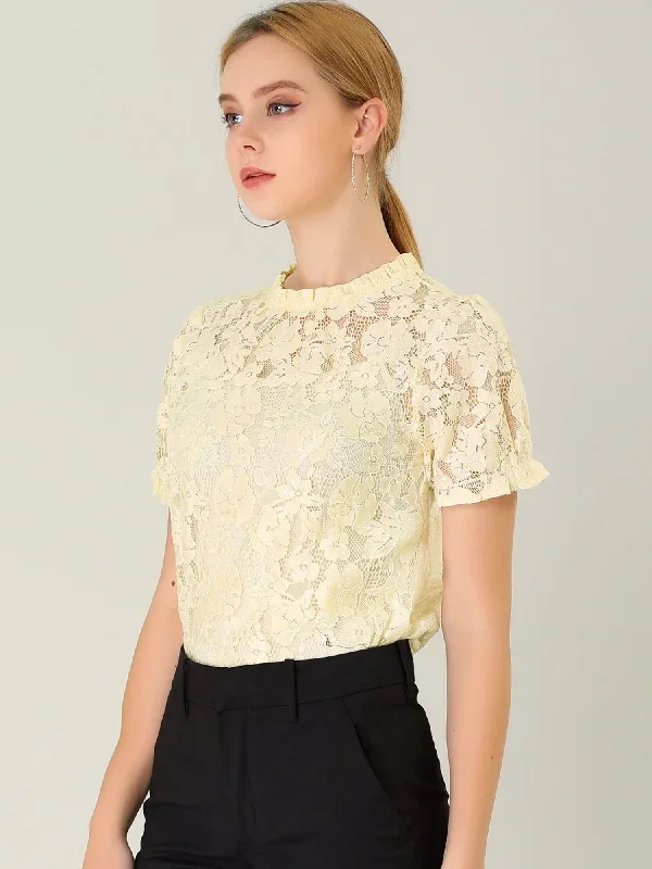 Puff Short Sleeve Ruffle Neck See-Through Floral Lace Top