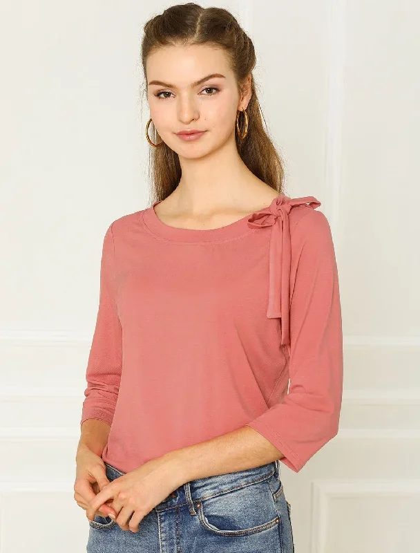 Crew Neck 3/4 Sleeve Tee Casual Solid Color Top T-Shirt