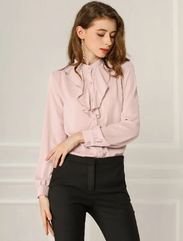 Stand Collar Shirt Button Up Chiffon Elegant Ruffled Blouse