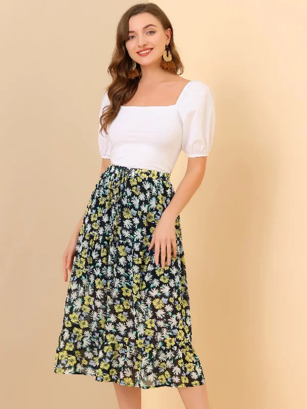 Tiered A-line Flare Swing Elastic Waist Ruffle Floral Skirt