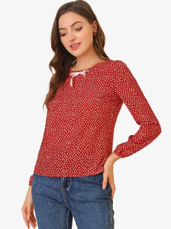 Valentine's Day Heart Print Bow Decor Long Sleeve Blouse Top