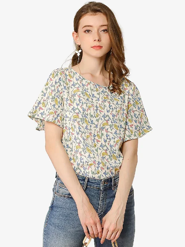 Floral Blouse Tee Chiffon Casual Flutter Sleeve Tops