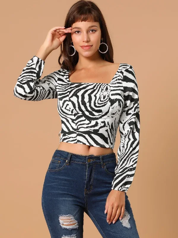 Zebra Printed Long Sleeve Square Neck Tie Waist Crop Top