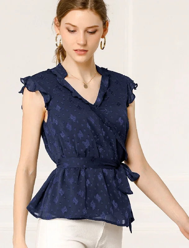 V Neck Ruffle Sleeveless Peplum Faux Wrap Tie Top Blouse