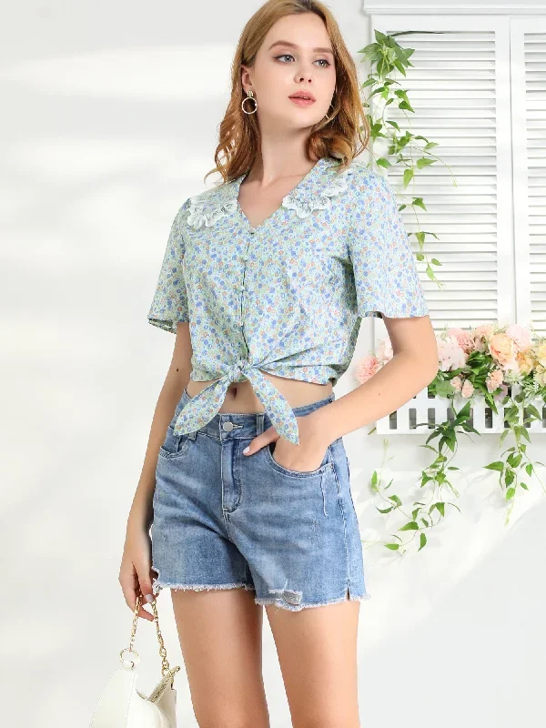 Tie Knot Flutter Sleeve Peter Pan Collar Floral Cropped Tops