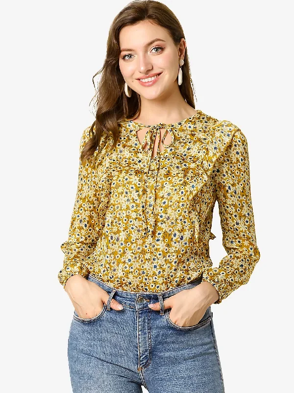 Floral Print Long Sleeve Chiffon Ruffle Tie Neck Blouse